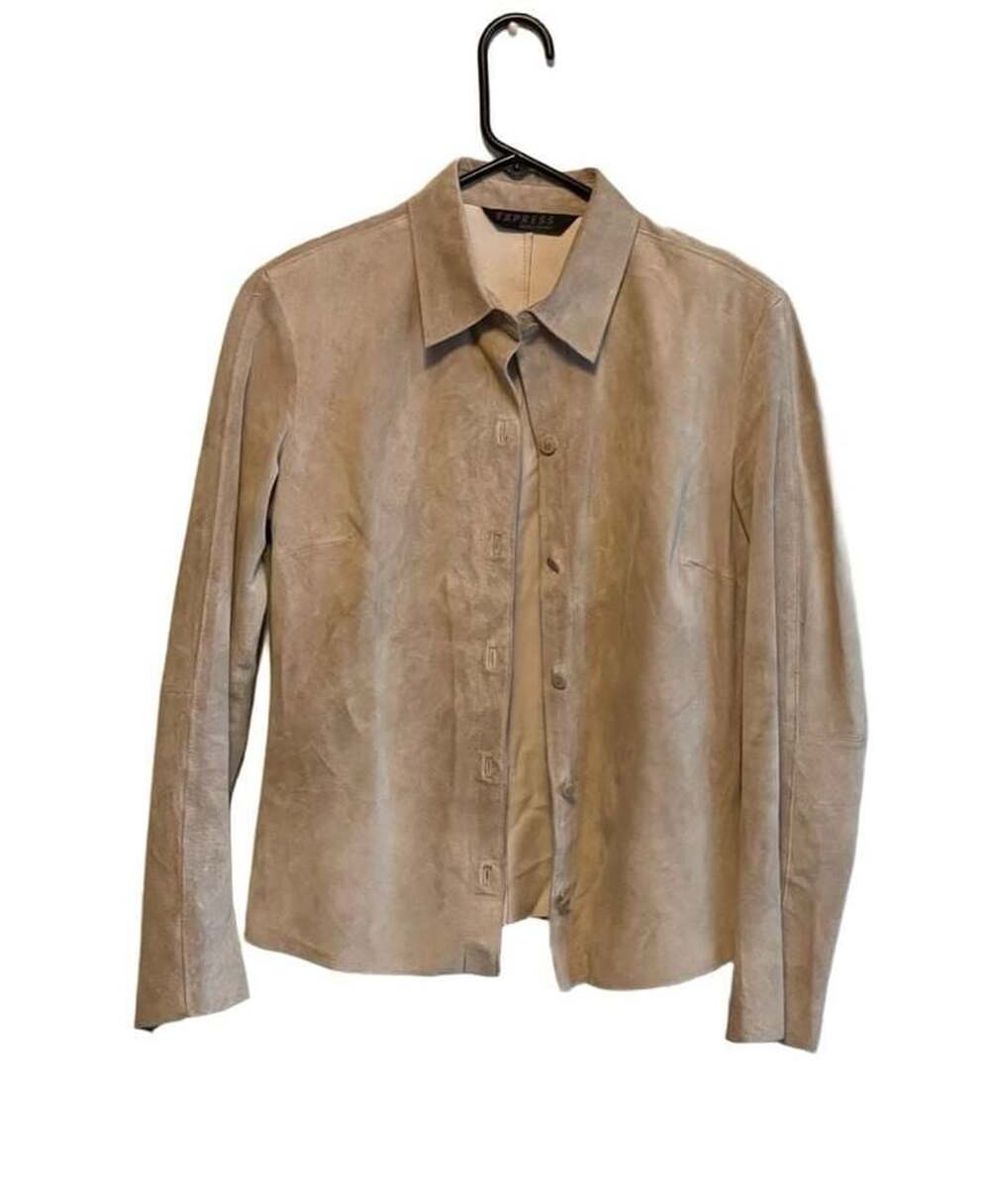 Express Vintage Beige Genuine Suede Leather Button Front Shirt Jacket Shacket 5/